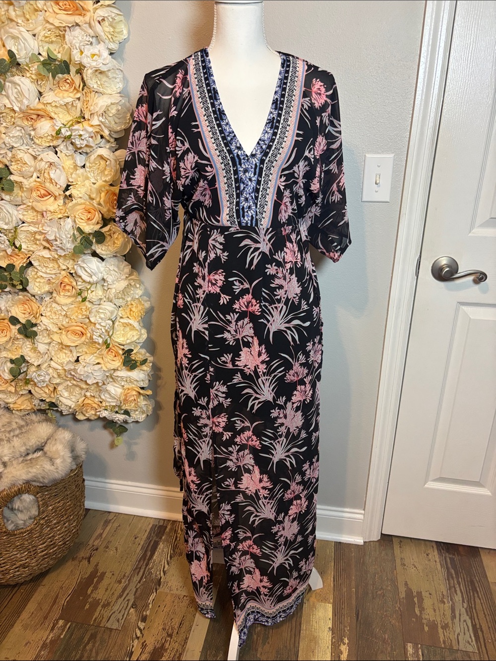 Express Black Maxi Dress with Pink Floral Print